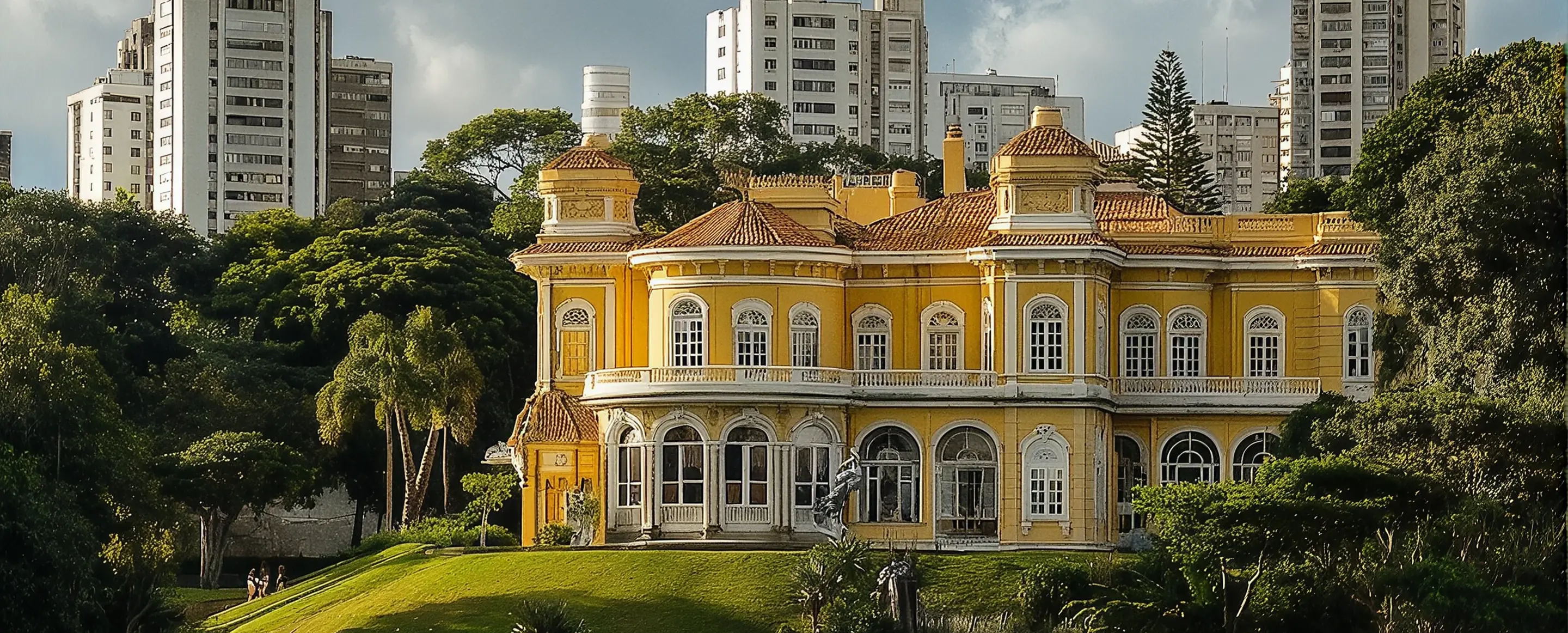 A grand yellow villa on a lawn, with the city rising behind it